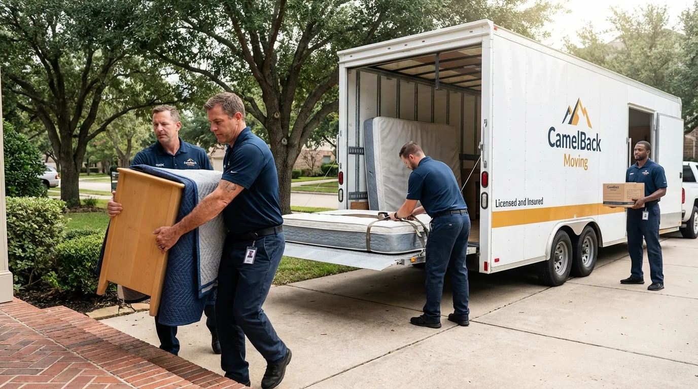 Crew loading residential truck for cross-state move from Lake Jackson, TX