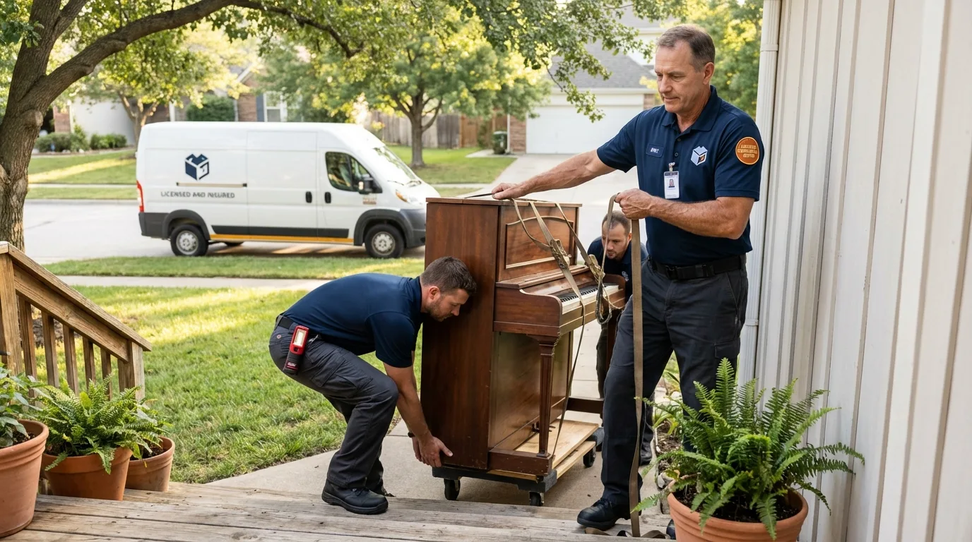 Licensed piano movers securing grand piano in Lake Jackson, TX