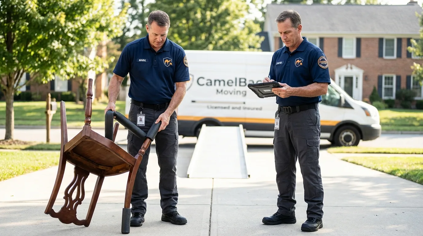 Movers inspecting furniture for damage prevention before loading in Lake Jackson, TX