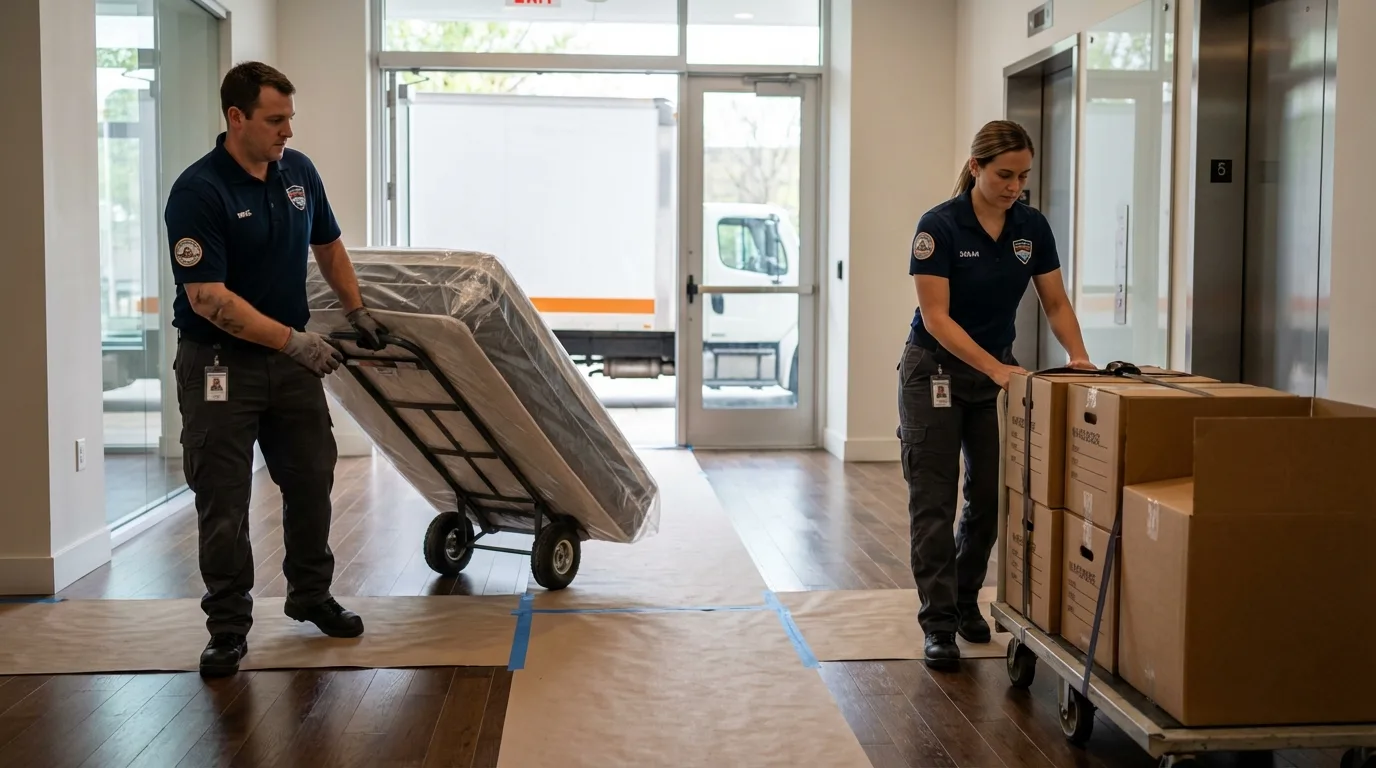 Professional apartment movers loading elevator in Lake Jackson, TX